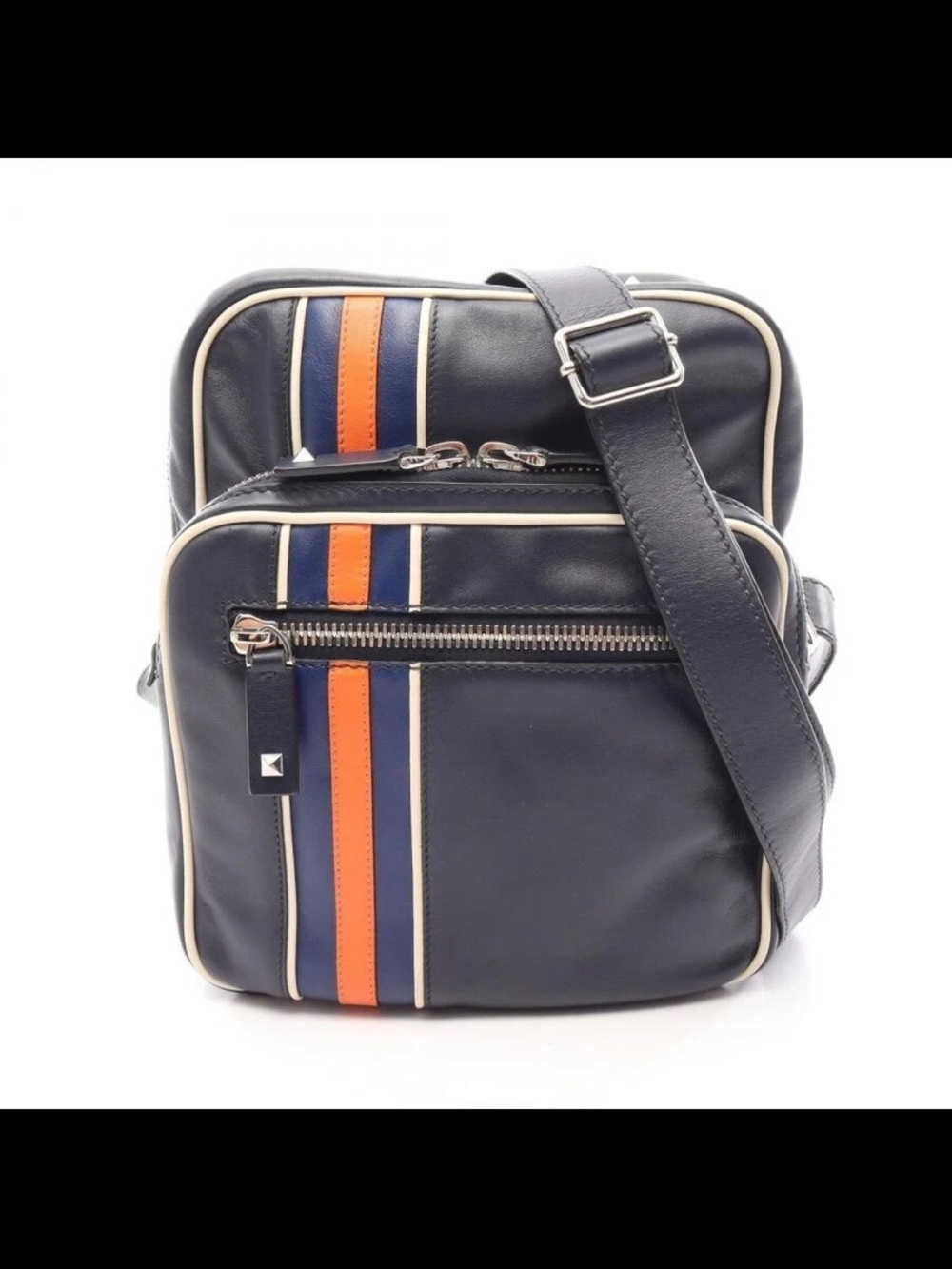 Valentino Garavani Navy Leather Messenger with Orange & Blue Stripes